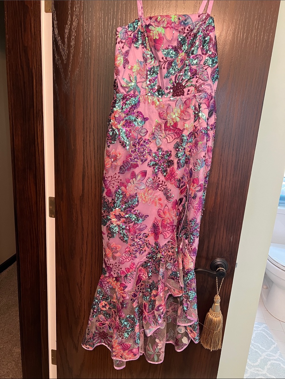 Boston Proper Pink Floral Sequin Midi Dress with Turquoise Accents